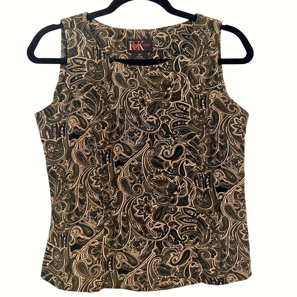 Vintage Dark Academia Sleeveless Blouse Sz 6 Petite Olive Green Paisley Side Zip
